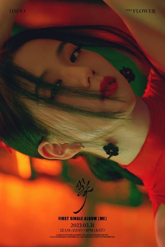 Group BLACKPINK member Ji Soo unveiled a poster that can guess the concept of the new album ME and ignited his solo debut.YG Entertainment posted JISOO - CONCEPT POSTER #1 on its official blog on the 21st.JiSoo matched the flower-shaped accessories to the red-colored costume, creating a fascinating atmosphere with minimalistic yet sophisticated styling. JiSoos dreamy eyes and soft charisma blend together to create a unique aura.Sensual visuals, like watching a scene in a movie, have raised the expectations of global fans.JiSoos colorful charms are unveiled one by one through the series of teaser contents, and interest in the music world to be shown through this album is amplified.JiSoo will release its first solo album ME at 1 p.m. on the 31st. The title song is FLOWER, heralding JiSoos new music color that has never been seen before.Jennie Kim, Lisa, and Rosé, who had previously been solo artists, set new records on various global charts and set meaningful milestones in K-pop, so expectations are high.Already, the hot interest in JiSoo has been proven by objective figures. ME has surpassed 950,000 pre-orders within two weeks of pre-sale and achieved the highest single album of K-pop female solo artist.Music Video is also expected to record a new record on YouTube as it has been filmed in overseas locations with the largest production cost of BLACKPINK ever.BLACKPINK, to which Jisoo belongs, is currently conducting the BLACKPINK WORLD TOUR BORN PINK, the largest world tour of the K-pop girl group with about 1.5 million people.Last year, four members who have successfully completed the 14th North American performance of 7 cities and the 10th European tour of 7 cities are meeting with more fans toward Asia.He will also be on stage as a headliner at the Coachella Valley Music and Arts Festival in April and the Hyde Park British Summer Time Festival in July.YG Entertainment Presents