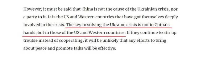 중국 관영 글로벌타임스는 18일자 사설에서 '우크라이나 위기 해결의 열쇠는 중국이 아니라 미국과 서방 국가들의 손에 있다'고 적었다.