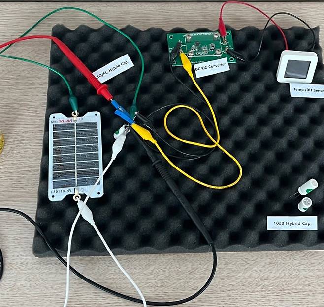 김현욱 박사팀이 산소원자가 일부 빠진LTO로 하이브리드 커패시터를 이용해 태양전지와 온도습도 센서를 연결해 작동시키고 있다. 에너지기술연구원 제공