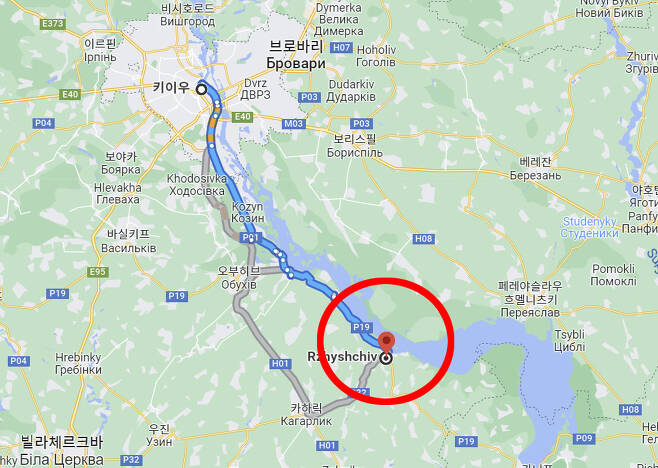 우크라이나 소도시 르지시치우(빨간색 동그라미)는 수도 키이우에서 남쪽으로 약 64㎞ 떨어져 있다. / 사진=구글맵