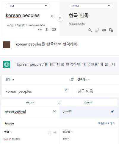 위쪽부터 bing 포털, 챗GPT, 영어번역기 DeepL, 얀덱스(yandex), 파파고. 각 홈페이지 캡처