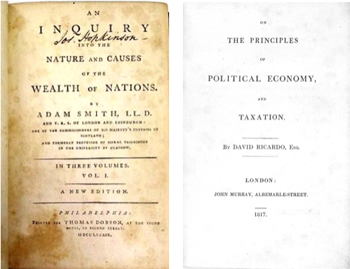 애덤 스미스의 '국부론(1776)'과 데이비드 리카도의 '정치경제학과 과세의 원리(1817)' 초본 표지.