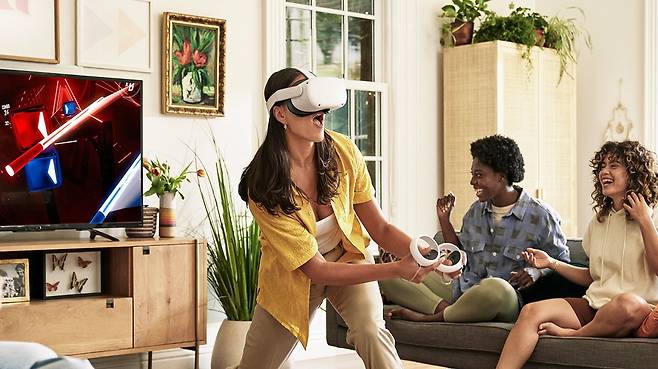 한 사용자가 VR 기기를 끼고 게임을 즐기고 있다. /메타