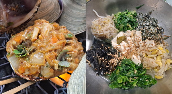 통영의 전통 음식인 ‘유곽’(왼쪽 사진), ‘너물’(나물)이 대접에 정갈하게 담겼다. 여기에 밥을 곁들이면 너물밥이다.