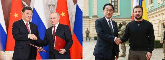 왼쪽 사진은 지난 21일 시진핑 중국 국가주석(왼쪽)이 블라디미르 푸틴 러시아 대통령(오른쪽)과 공동성명에 서명 후 악수하고 있는 모습. 오른쪽 사진은 기시다 후미오 일본 총리(왼쪽)가 같은 날 우크라이나를 전격 방문해 볼로디미르 젤렌스키 우크라이나 대통령과 악수를 나누는 모습. 신화=연합뉴스, 일본 총리 관저