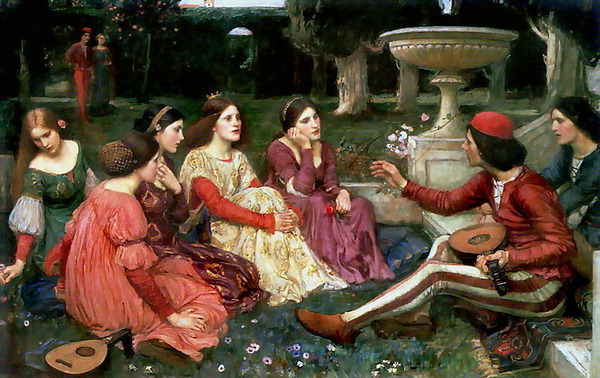 별장에 도착한 남녀들이 야외에 자유롭게 앉아 이야기 모임을 하고 있다. ‘존 윌리엄 워터하우스 작’(1916년).