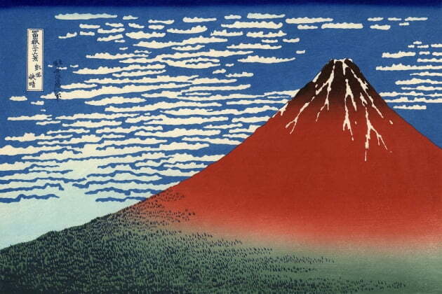 호쿠사이의 대표작 중 하나인 '청명한 아침의 시원한 바람'. 호쿠사이는 후지산을 즐겨 그렸다. 일본을 상징하는 산이기도 하지만, 장수를 상징하는 산이라서 특히 자주 그렸다는 설이 지배적이다. 그만큼 호쿠사이는 장수를 염원했다. 강렬한 색과 함께 점으로 찍어 표현한 숲의 표현이 일품이다.
