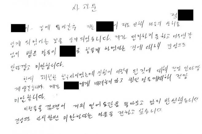 정순신 변호사의 아들 정모군이 2018년 학폭위에 제출한 첫 번째 사과문[이미지출처=연합뉴스]