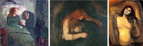 '병든 아이'(왼쪽부터), '흡혈귀', '마돈나' 오슬로 국립 미술관, 뭉크 뮤지엄, 뭉크 뮤지엄 소장