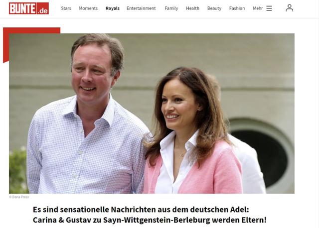 덴마크 왕실의 구스타프 왕자와 부인 카리나 악셀손이 대리모를 통해 아이를 낳을 예정이라고 독일 잡지 분테 등이 보도했다. 분테 홈페이지 캡처