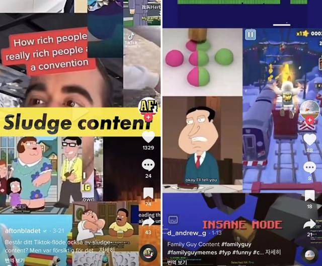 틱톡에서 슬러지 콘텐츠를 검색하면 상단에 노출되는 대표 콘텐츠들. 틱톡 캡처