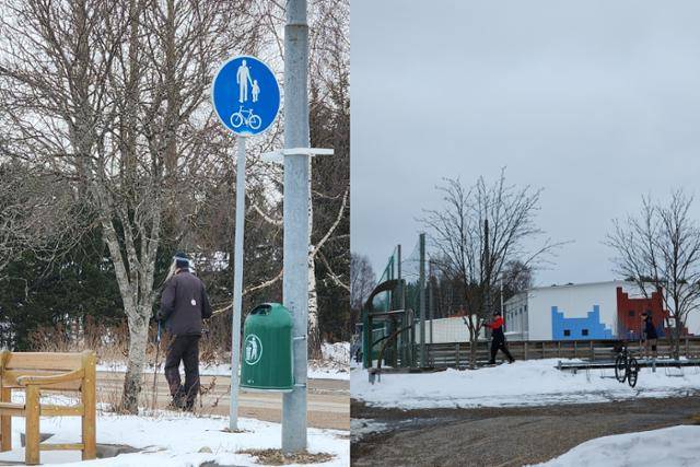 4월 25일 핀란드 푸올란카의 모습. 인구가 2,500명 정도인 소도시라 거리에는 유동인구가 많지 않았고, 그중 많은 이가 고령자였다(왼쪽 사진). 푸올란카 초등학교에도 학생들은 많지 않았다. 푸올란카는 65세 이상 고령 비율이 30% 후반대로, 핀란드 내 다른 도시보다 고령화가 심하다고 한다. 푸올란카(핀란드)=신은별 특파원