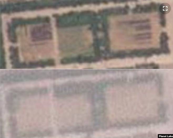 북한 열병식 훈련장의 지난 19일(위)과 26일(아래) 모습. 검은색으로 나타나는 차량이 모두 떠났다는 것을 알 수 있다. /Planet Labs