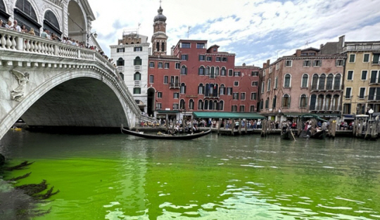 28일(현지시간) 이탈리아 베네치아 대운하 강물에 녹색 물질이 퍼져 현지 당국이 조사에 나섰다. AP·연합뉴스