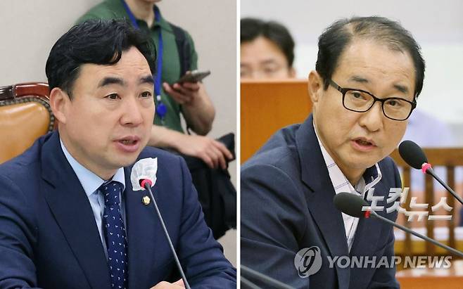 (서울=연합뉴스) 더불어민주당 '전당대회 돈봉투 의혹'을 수사하는 검찰이 탈당 뒤 무소속이 된 윤관석·이성만 의원에 대해 각각 정당법 위반 혐의로 구속영장을 청구했다. 사진은 이날 산자위 전체회의에 참석한 윤관석 의원과 행안위 전체회의에 참석한 이성만 의원. 2023.5.24 uwg806@yna.co.kr 연합뉴스