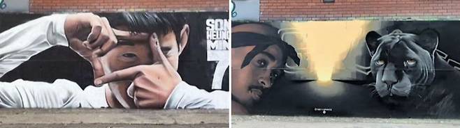 영국 런던에 있는 손흥민 벽화(왼쪽)가 최근 래퍼 투팍 모습으로 교체됐다.