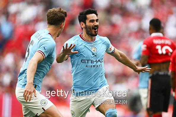 3일 영국 런던 웸블리에서 열린 2022~23 FA컵 결승전 맨체스터 시티와 맨체스터 유나이티드의 경기. 맨시티 일카이 귄도안이 13초 만에 선제 골을 넣고 환호하고 있다. 게티이미지