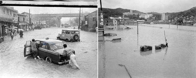 1966년 7월 집중 호우로 한강 일대가 범람해 시가지가 물에 잠겨 있다. [국가기록원·서울기록원]