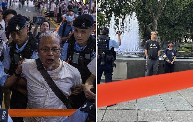 중국 톈안먼 사태 34주년을 하루 앞둔 3일 홍콩 코즈웨이베이에서 경찰들이 집회 참가자들을 연행하고 있다(왼쪽 사진). 같은 날 
홍콩 빅토리아 공원에서는 붉은색 테이프로 입을 막은 ‘톈안먼 어머니회’ 소속 라우카예와 활동가 콴춘퐁(오른쪽 사진)이 오후 6시 
4분부터 24시간 단식을 시작했다가 곧 경찰에 연행됐다. 홍콩=AP 뉴시스