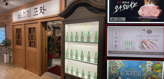 최근 일본에서는 한국풍의 식당과 술집 등이 인기를 끌고 있다. 이들은 한국의 먹거리만 파는 것이 아니라 한국 콘셉트의 인테리어까지 갖추고 있다. 사진은 오키나와에 위치한 '비소리포차'(왼쪽)와 '홍대주점'(오른쪽). /사진='류큐신보' 사에 기자 제공