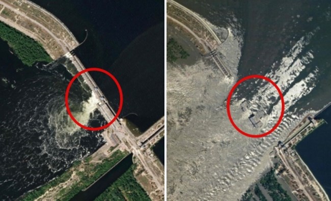 사진=댐 폭파 전후를 담은 플래닛랩스의 위성사진