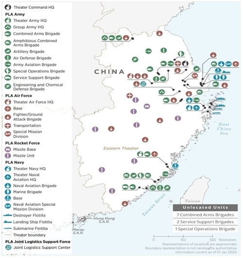 대만해협과 중국 인민해방군 동부전구 상황.