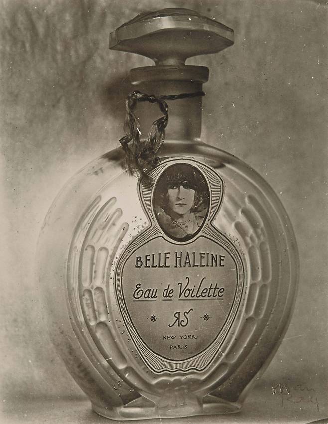 Photograph of a readymade made of a Rigaud brand perfume bottle with a modified label [Man Ray, new york dada]