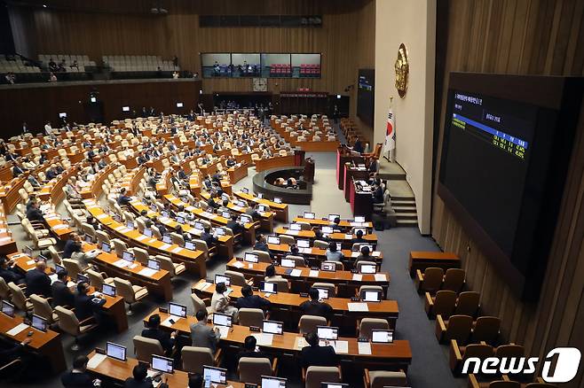 12일 오후 서울 여의도 국회 본회의장에서 열린 제407회 국회(임시회) 제 1차 본회의에서 더불어민주당 '2021 전당대회' 돈 봉투 의혹을 받는 무소속 윤관석·이성만 의원에 대한 체포동이 부결되고 있다. 2023.6.12/뉴스1 ⓒ News1 황기선 기자