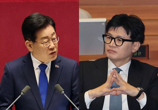 19일 국회 교섭단체 대표연설 중인 이재명 더불어민주당 대표(왼쪽)와 본회의에 출석한 한동훈 법무부 장관 ⓒ연합뉴스