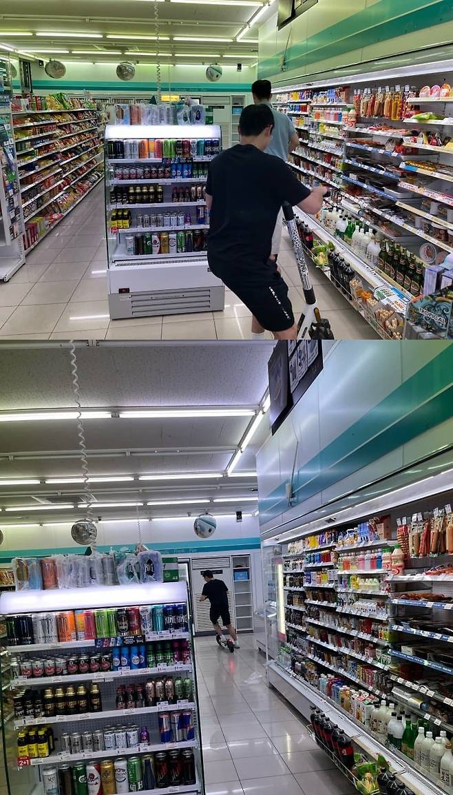 편의점 내에서 전동킥보드를 타고 활보한 주취자 두 명. (디시인사이드 '편의점 갤러리')