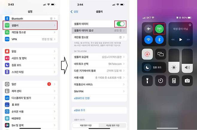 아이폰 설정 앱의 ‘셀룰러 데이터’ 스위치, 혹은 컨트롤 센터의 단축 버튼으로 모바일 데이터 설정 가능 <출처=IT동아>