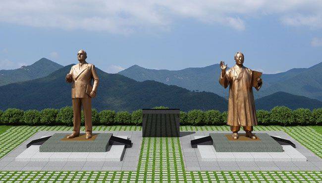 경상북도 칠곡군 다부동 전적지에 2023년 7월 27일 세워질 트루먼 전 미국 대통령(왼쪽)과 이승만 전 한국 대통령 동상 조감도. 높이 4.2m 규모로 민간 모금으로 만들어졌다./이승만·트루먼 동상건립추진 모임