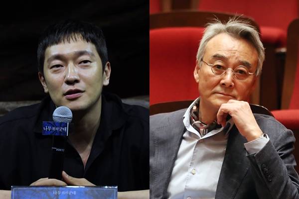 배우 손석구(왼쪽 사진)가 지난달 27일 서울 강서구 LG아트센터 서울 U+스테이지에서 기자간담회 중 발언하고 있다. 오른쪽 사진은 지난 3월 30일 서울 송파구 롯데콘서트홀 빈야드 라운지에서 인터뷰에 앞서 사진 촬영에 응한 배우 남명렬. 뉴시스