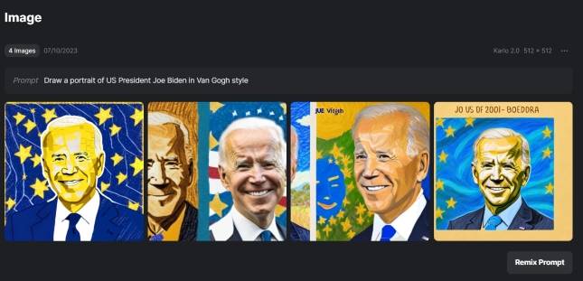 칼로2.0으로 반 고흐 풍의 조 바이든 미국 대통령을 그렸지만 일부 문자를 왜곡해서 구현했다./사진=칼로 캡처