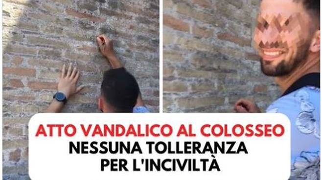 콜로세움에 이름 새기는 남성 (사진=젠나로 산줄리아노 이탈리아 문화부 장관 트위터 캡처, 연합뉴스)