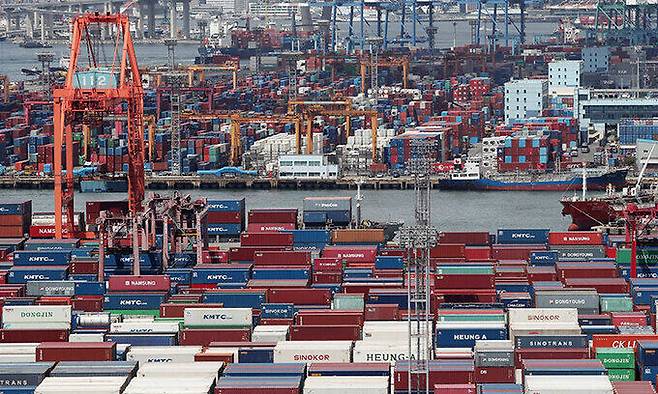 부산항 신선대부두와 감만부두 야적장에 컨테이너가 가득 쌓여 있다. 뉴스1