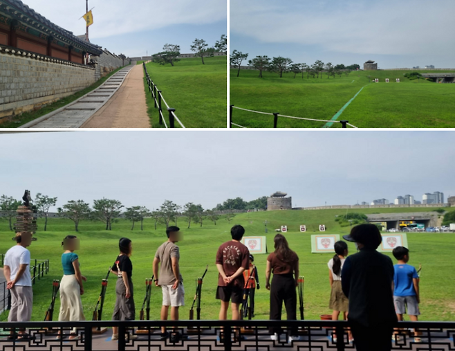 (위) 수원화성 국궁 체험장 전경, (아래) 국궁 체험을 즐기는 체험객들 / 사진=김혜성 여행+ 기자
