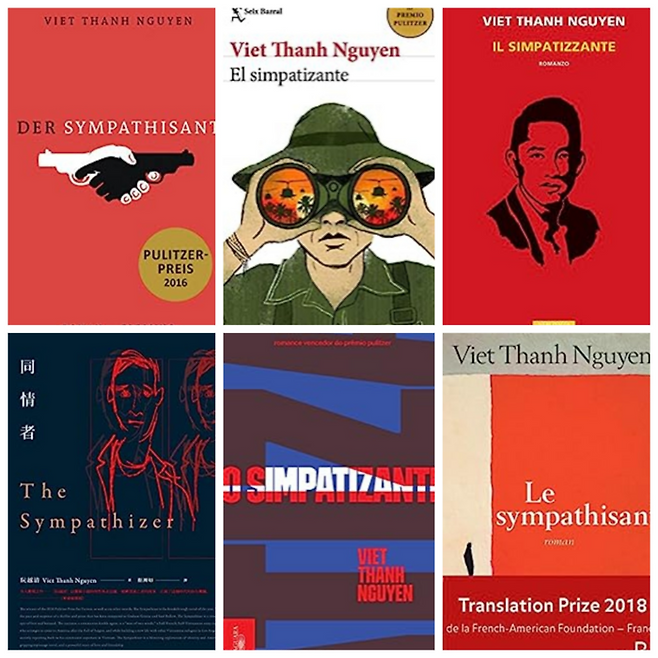 전 세계 언어로 번역된 소설 ‘동조자’. 윗줄 왼쪽 부터 시계 방향으로 독일어판, 스페인어판, 이탈리어판, 프랑스어판, 포르투갈어판, 중국어판입니다. 그러나 작가의 모국이었던 베트남에서는 출간되지 못했습니다.