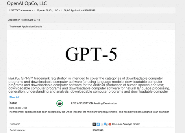 GPT-5 상표 출원 화면. (사진=미국 특허청)