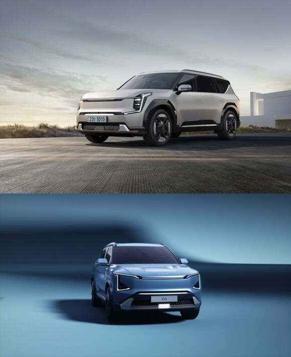 전기자동차 시장에서 고급형 차량과 저가형 차량의 양극화가 나타나는 가운데, 현대자동차와 기아가 '투트랙' 전략으로 시장에 대응할 수 있다는 전망이 나온다. 사진은 기아 프리미엄 전동화 스포츠유틸리티차량(SUV) EV9(위쪽)과 준중형 전동화 SUV EV5의 모습. /기아