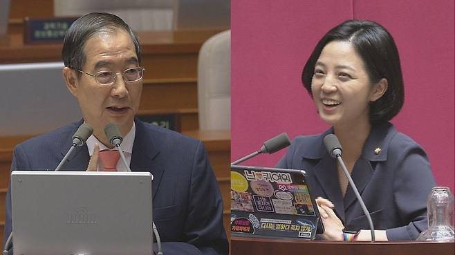 한덕수 국무총리가 5일 국회 대정부질문에서 김영삼 정부 때부터 현 정부까지 중용되는 이유를 묻는 정의당 류호정 의원 질문에 "정말 모르겠습니다"고 답변하고 있다. 한 총리 대답에 류 의원이 웃으며 "자화자찬을 하실 수 있는 타이밍인데도 단호히 철벽을 치시는 겸손함"이라고 했다./국회방송