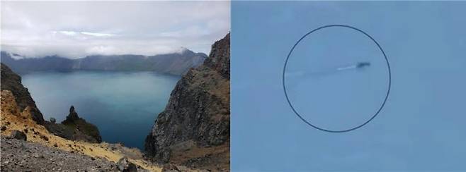 백두산 천지 전경(사진 왼쪽), 천지에서 발견된 미확인 생물체. (사진=연합뉴스)