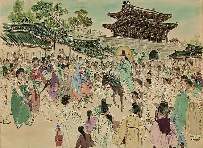 운보 김기창 화백의 '예수의 생애' 연작 중 '예루살렘 입성'. 예루살렘 성문을 숭례문처럼 묘사했다. /쿰란출판사