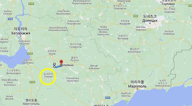 삼각형처럼 보이는 로보티네와 베르보베, 노보프로쿠피우카 지역은 우크라이나군이 남쪽 방향 도시 토크마크(노란색 동그라미)로 나아가는 관문이다. / 사진=구글맵