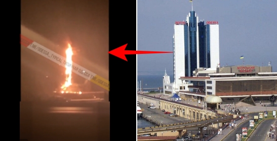 24일(현지시간) 한밤중 러시아의 미사일 공습을 받은 오데사 호텔이 거대한 불기둥으로 변한 모습. X 캡처