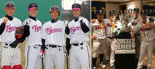 (좌) 이성열, 박병호, 박경수, 정의윤 선수는 한 때 같은 LG소속이었으나 모두 다른 팀으로 이적했다. (우) 최주환, 양의지, 김현수, 민병헌 선수 또한 2006년 두산에 함께 입단했지만 모두 다른 팀으로 이적했다.