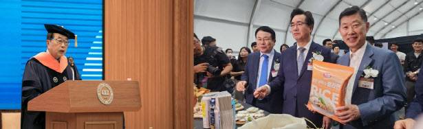 HMM(옛 현대상선) 인수전에 뛰어든 동원그룹의 김재철 명예회장(왼쪽)과 하림그룹의 김홍국 회장(오른쪽에서 첫번째).(사진=동원그룹, 백주아 기자)