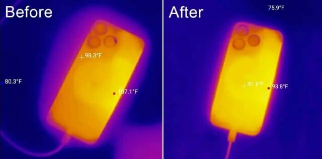 미국 지디넷이 iOS 17.0.3 업데이트 전후 아이폰15 프로 모델의 온도를 측정해 비교했다. (사진=미국 지디넷)