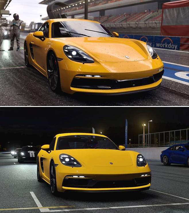 피트에서 모습(위)과 야간 레이싱 대기 상황(아래)의 차이를 고려해도 차이가 너무 크다.