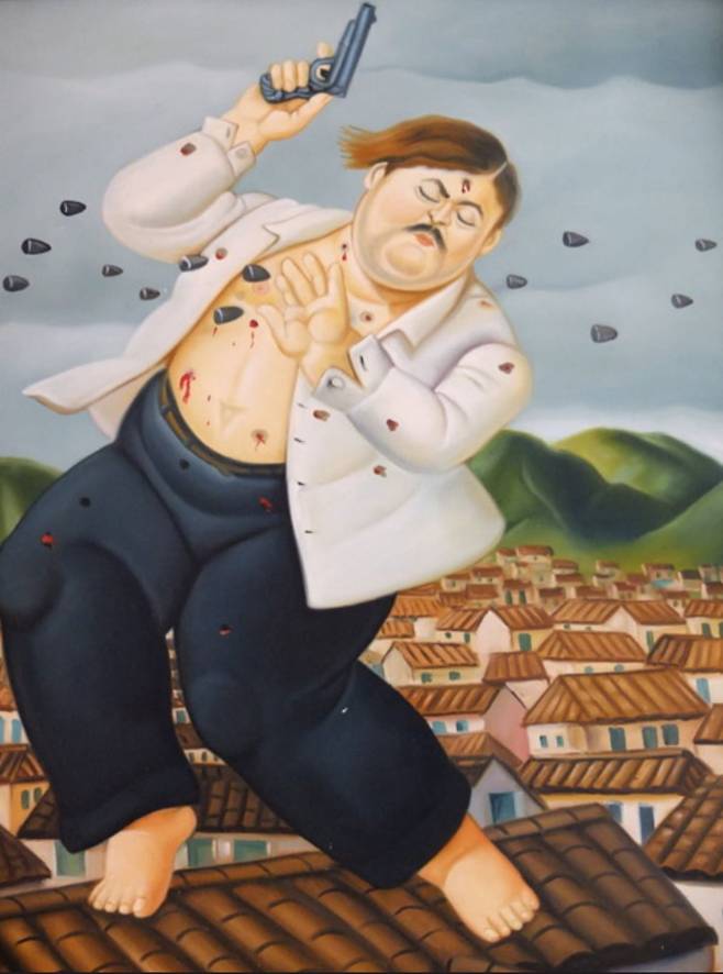 '파블로 에스코바르의 죽음'(1999). 콜롬비아 메데인 출신 '마약왕' 파블로 에스코바르가 사살된 사건을 소재로 한 작품이다.